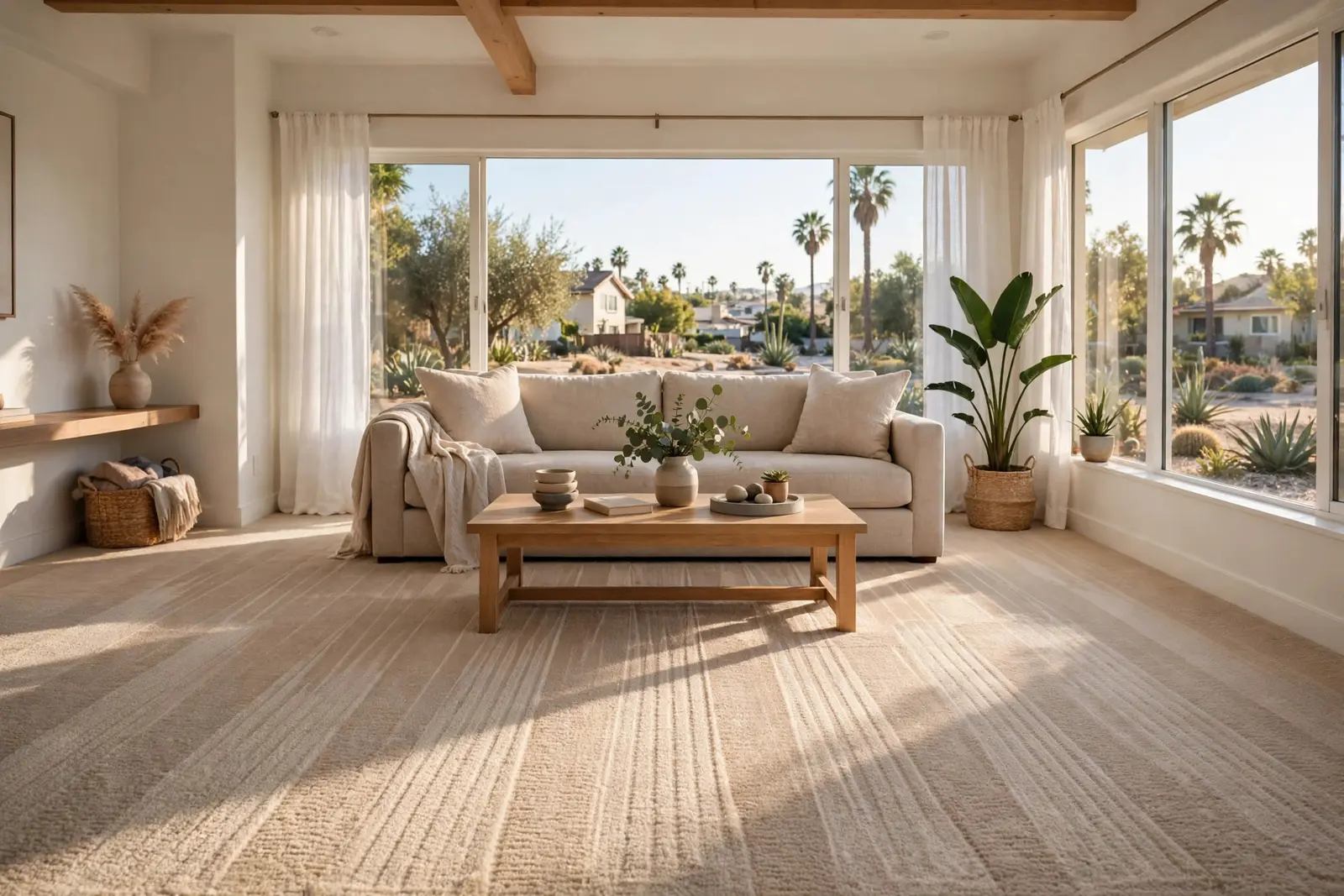 A freshly cleaned carpeted living room with vacuum tracks visible in the pile